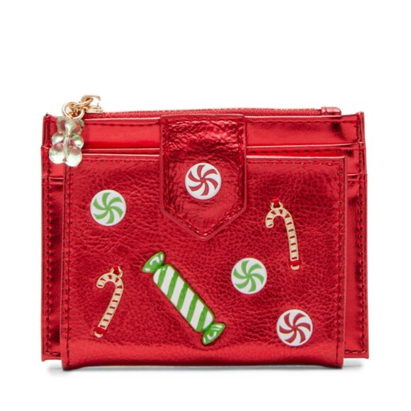 Betsey Johnson Kitsch Holiday Candy Bifold Wallet Red Metallic BJ34415F NWT - Picture 1 of 8